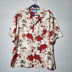 Bermuda Bay XL 100% Silk Hawaiian Floral Men's Shirt in Red and Cream